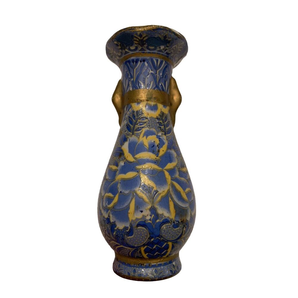 Vintage Chinese Porcelain Vase Ginger Urn Blue Floral Design Yellow Gold Accents